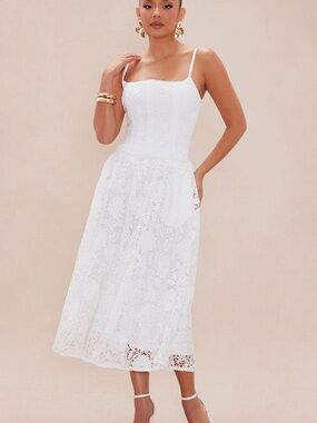 Fashion Nova White Lace Midi Dress with Spaghetti Straps